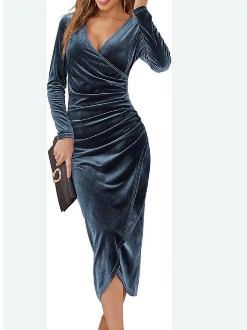 Velvet Wrap Midi Dress in Deep Blue Size M